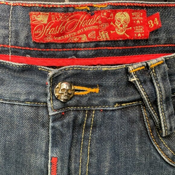 Vintage Y2K Stash House Denim Jeans 34 Med Wash Distressed Straight Embellished - Picture 8 of 8
